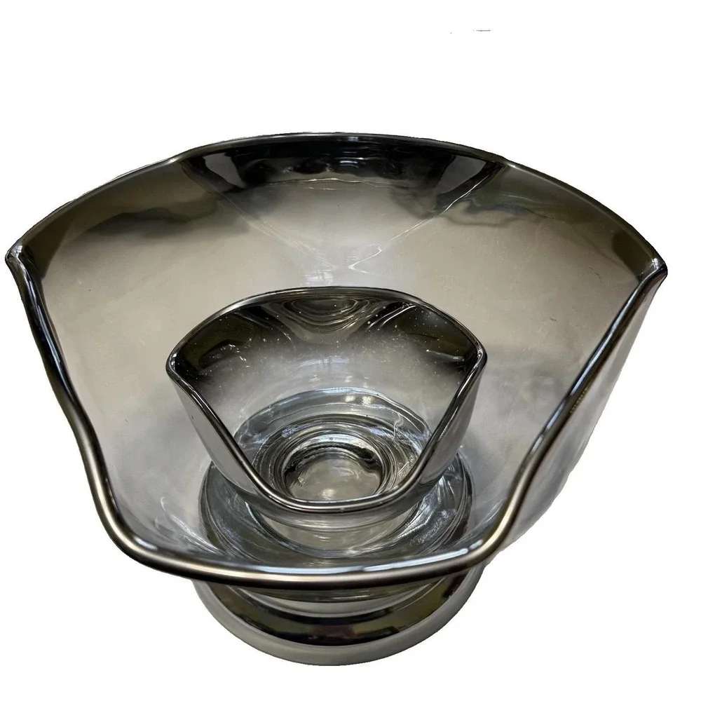 Vintage MCM Silver Fade Smoke Glass Serving Bowls Set of 2 Pedestal Ombre